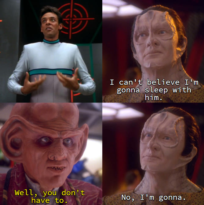 The meme is a still image from the TV show "Star Trek: Deep Space Nine" featuring the character of Garak, a Ferengi, and the character of Odo, a shapeshifter. The image shows Garak with a shocked expression, and the text "I can see" is overlaid on the image. The caption reads "I can see" and "I can see" is repeated, with the second instance of "I can see" having the text "I'm a Ferengi" overlaid on it.